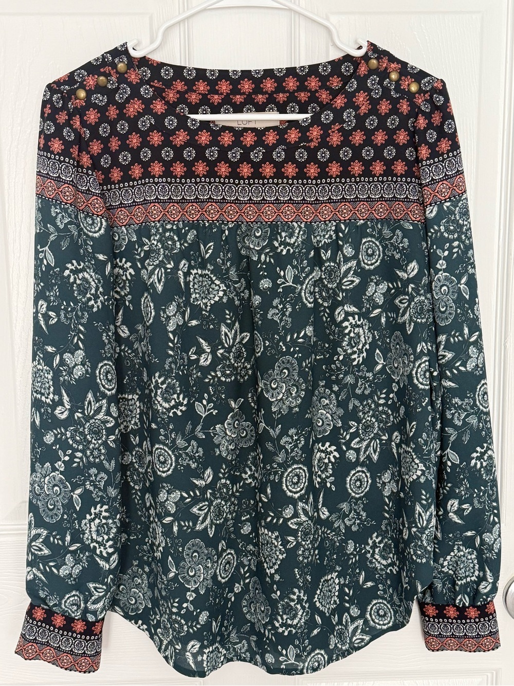 LOFT Teal Floral Print Long Sleeve Peasant Blouse Sz Small